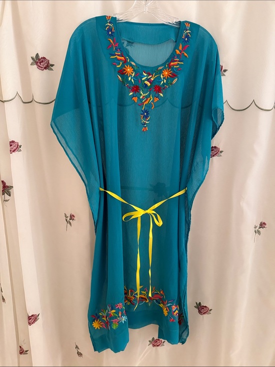 Dresses & Skirts - Embroidered Teal Sheer Kaftan with Yellow Tie